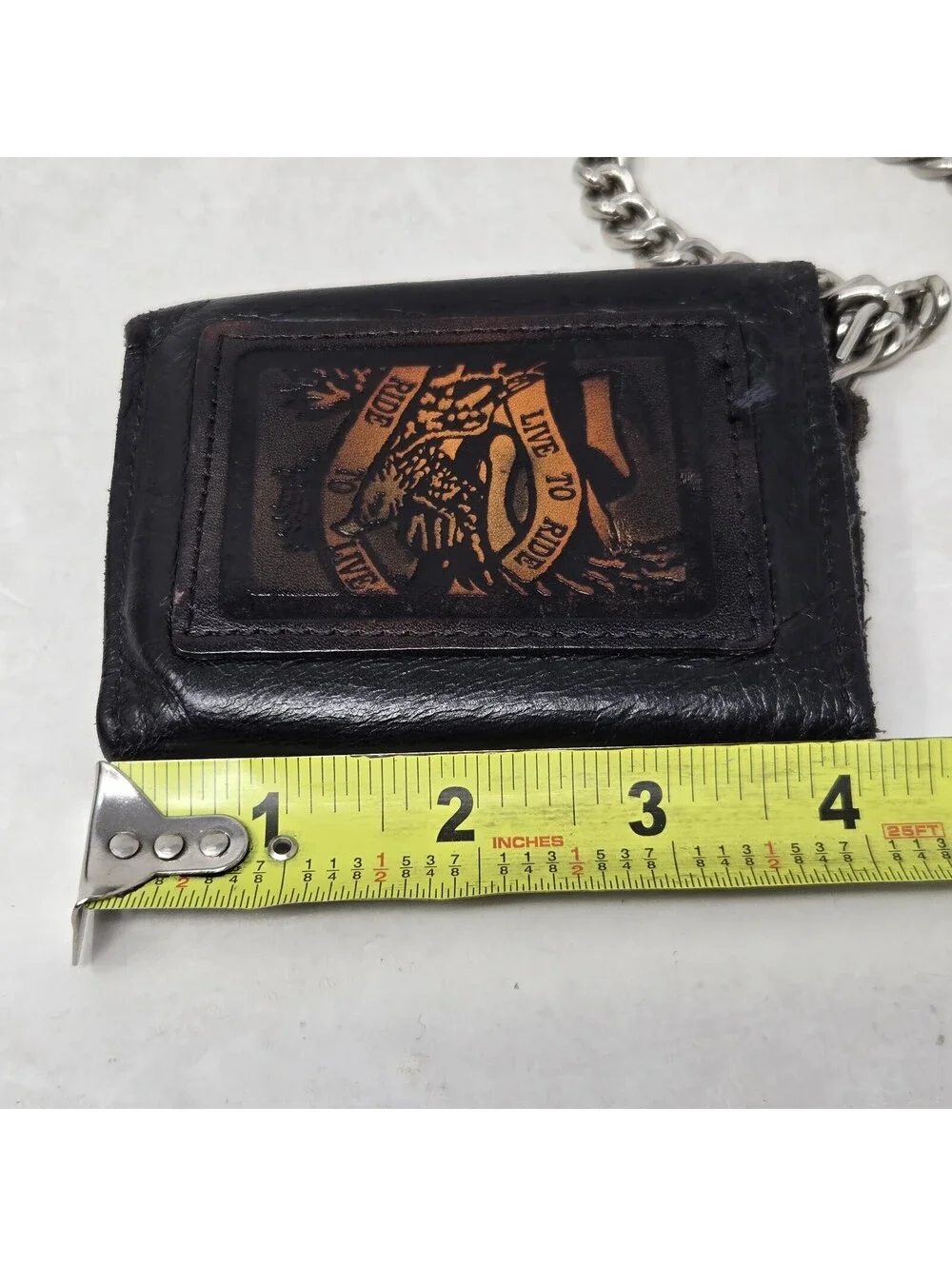 VTG Biker Trifold Wallet with Chain Black & Brown Tooled Leather Live To Ride